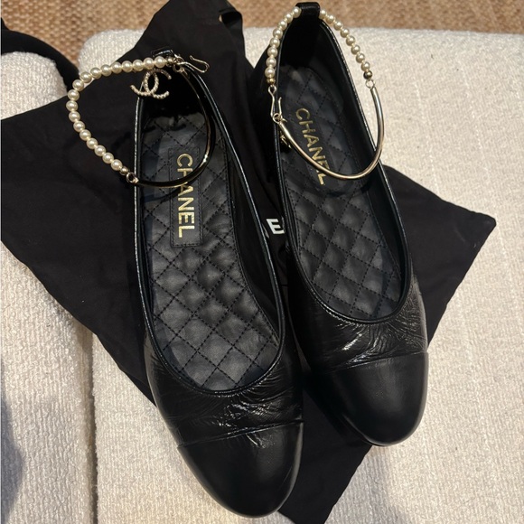 CHANEL Shoes - Chanel ballerina flats with ankle pearl chain